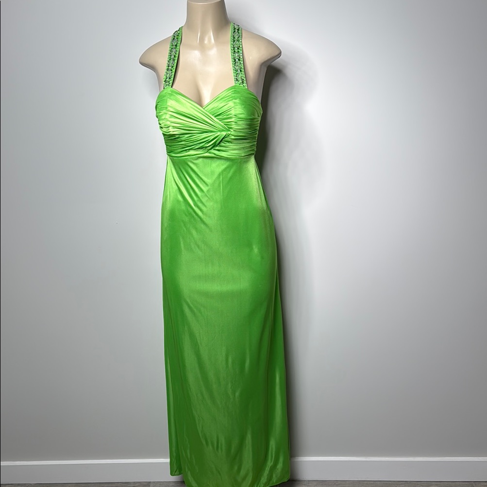 Hailey Logan Green Ruched Halter Prom Gown
